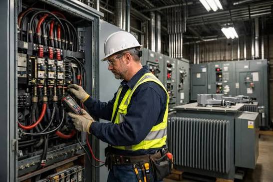 Technician inspecting an electrical control panel