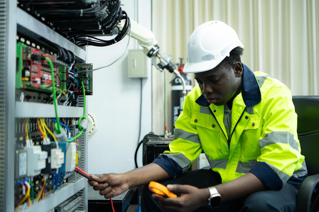 Technician working on an electrical control panel